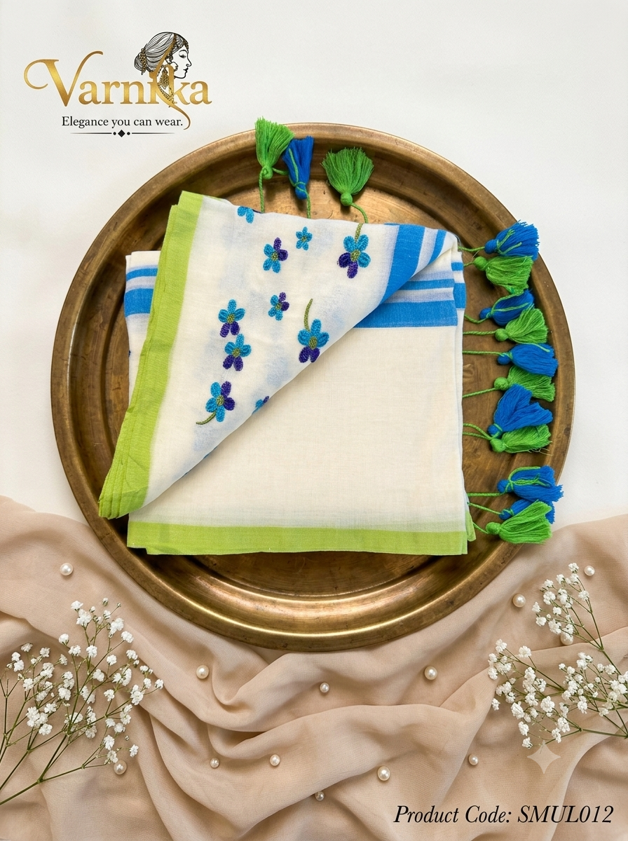 SMUL012 - Neel & Lime Floral Hand-Embroidered Mul Cotton Saree
