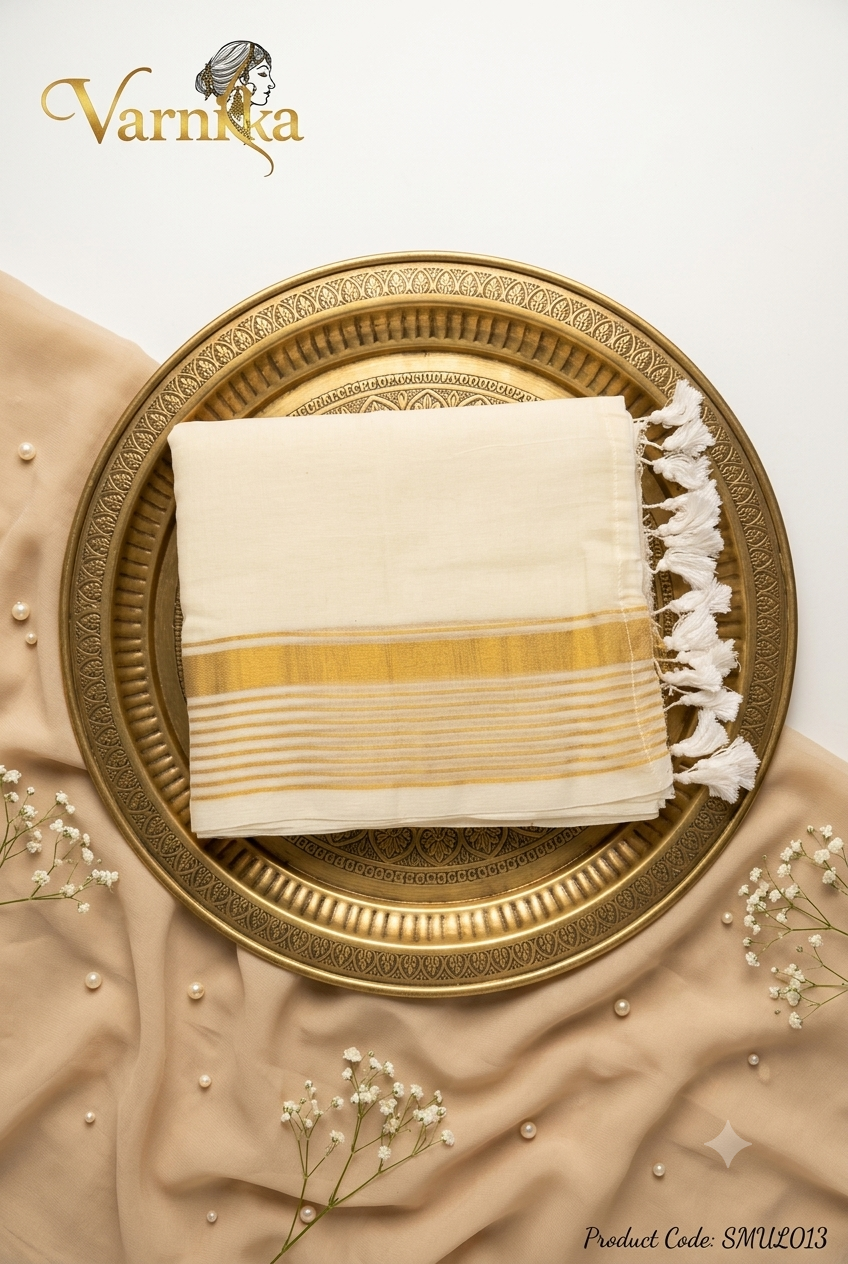 SMUL013 - Golden Zari Striped Off-White Mul Cotton Saree with Handcrafted Tassels