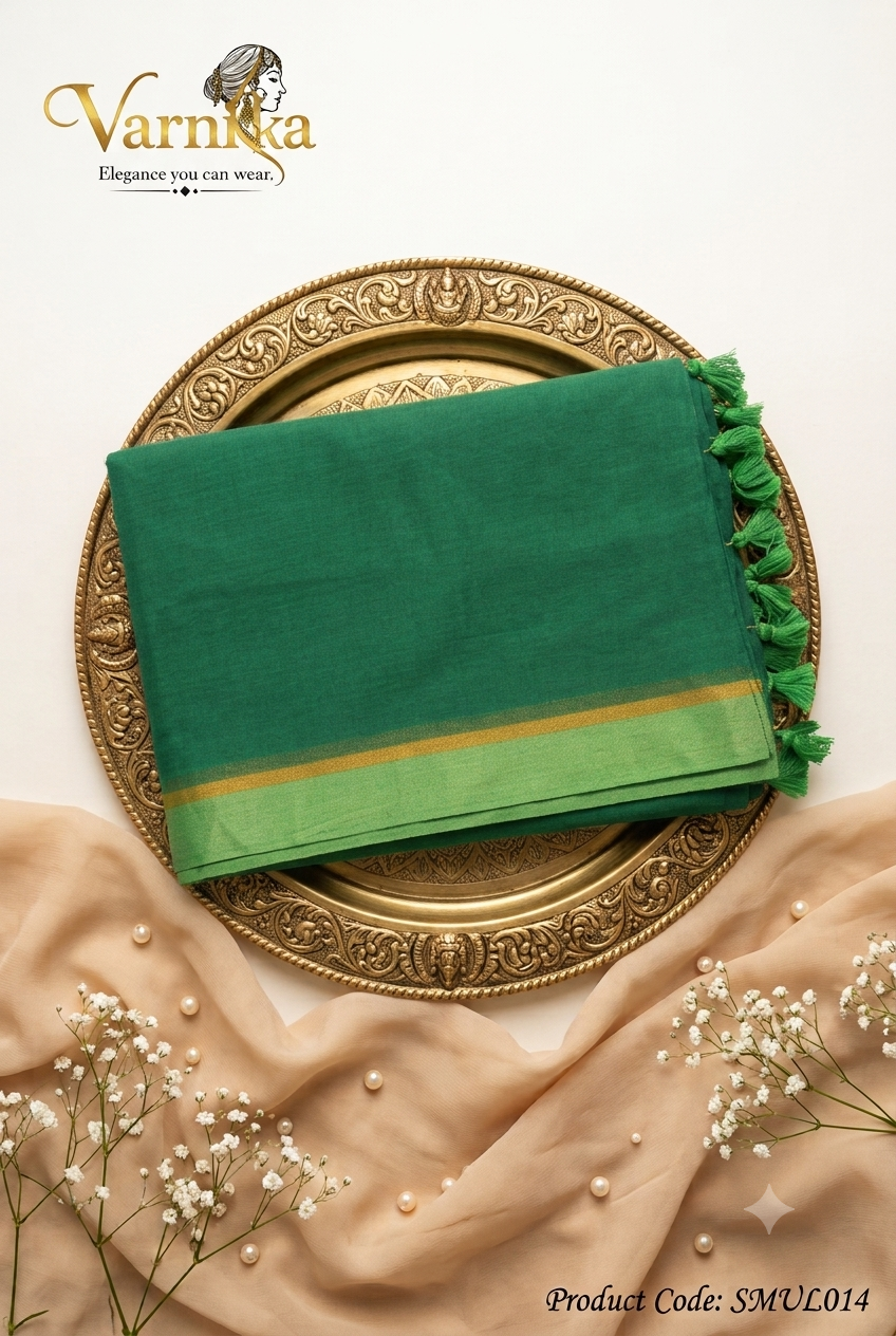 SMUL014 - Emerald Bloom – Soft Mul Cotton Saree with Golden Zari Border