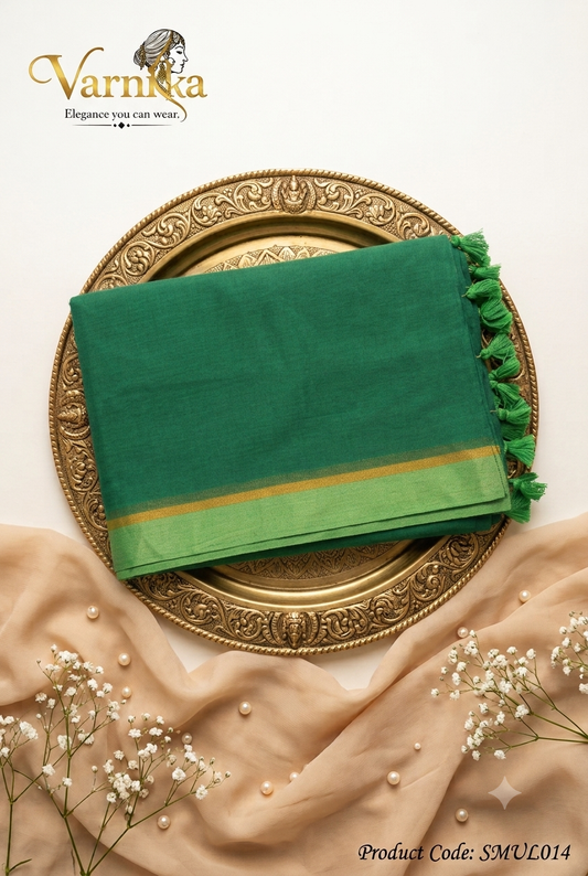 SMUL014 - Emerald Bloom – Soft Mul Cotton Saree with Golden Zari Border
