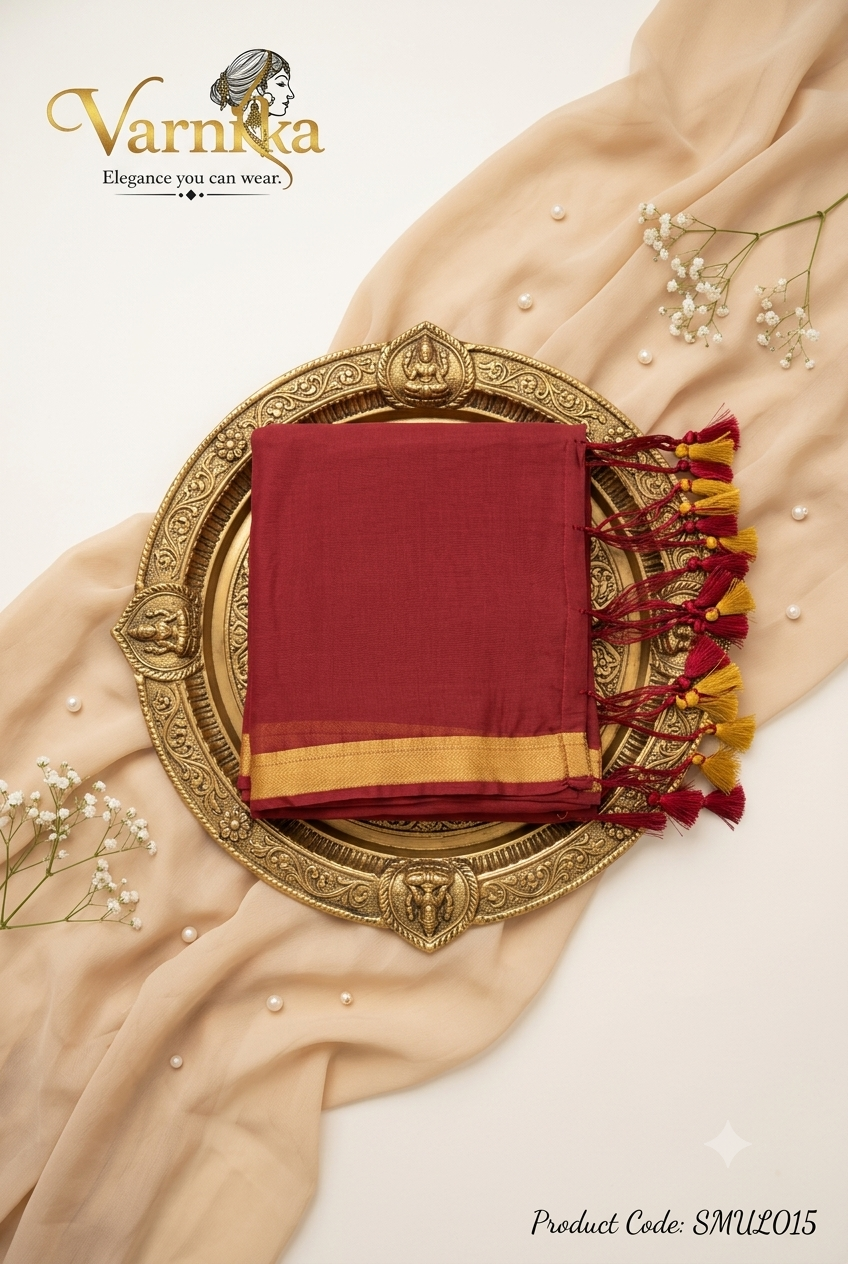 SMUL015 - Crimson Motif Pure Mul Cotton Saree with Block-Printed Blouse