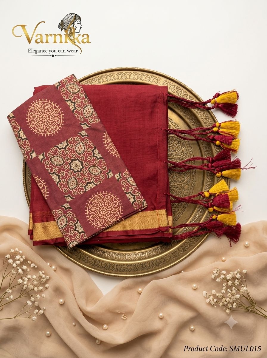 SMUL015 - Crimson Motif Pure Mul Cotton Saree with Block-Printed Blouse