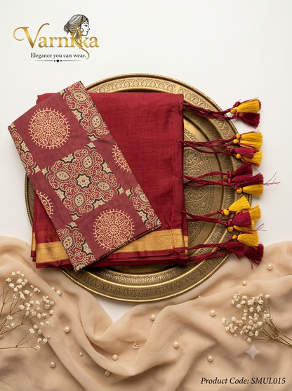 SMUL015 - Crimson Motif Pure Mul Cotton Saree with Block-Printed Blouse