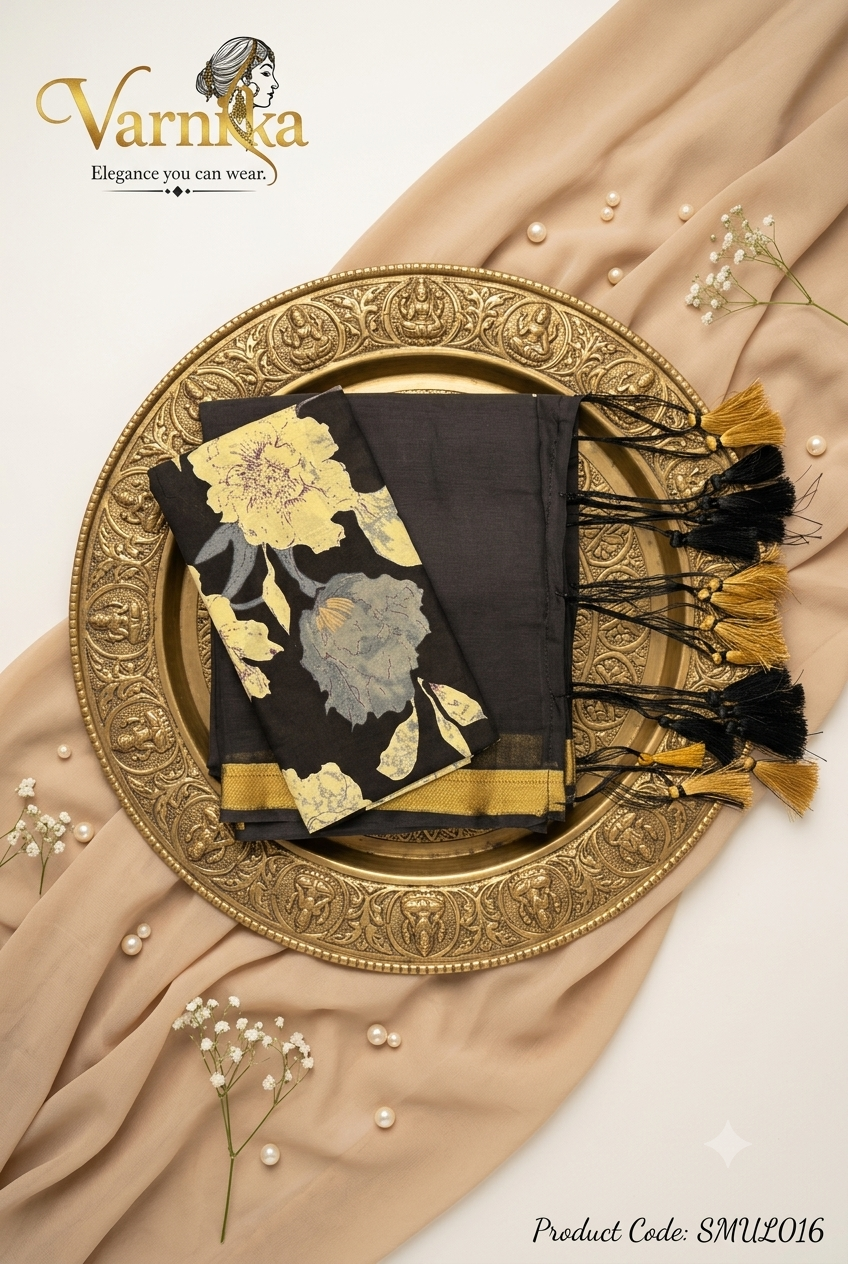 SMUL016 - Charcoal Black Mul Cotton Saree with Zari Border & Floral Blouse