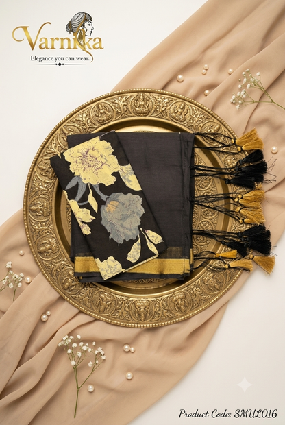 SMUL016 - Charcoal Black Mul Cotton Saree with Zari Border & Floral Blouse