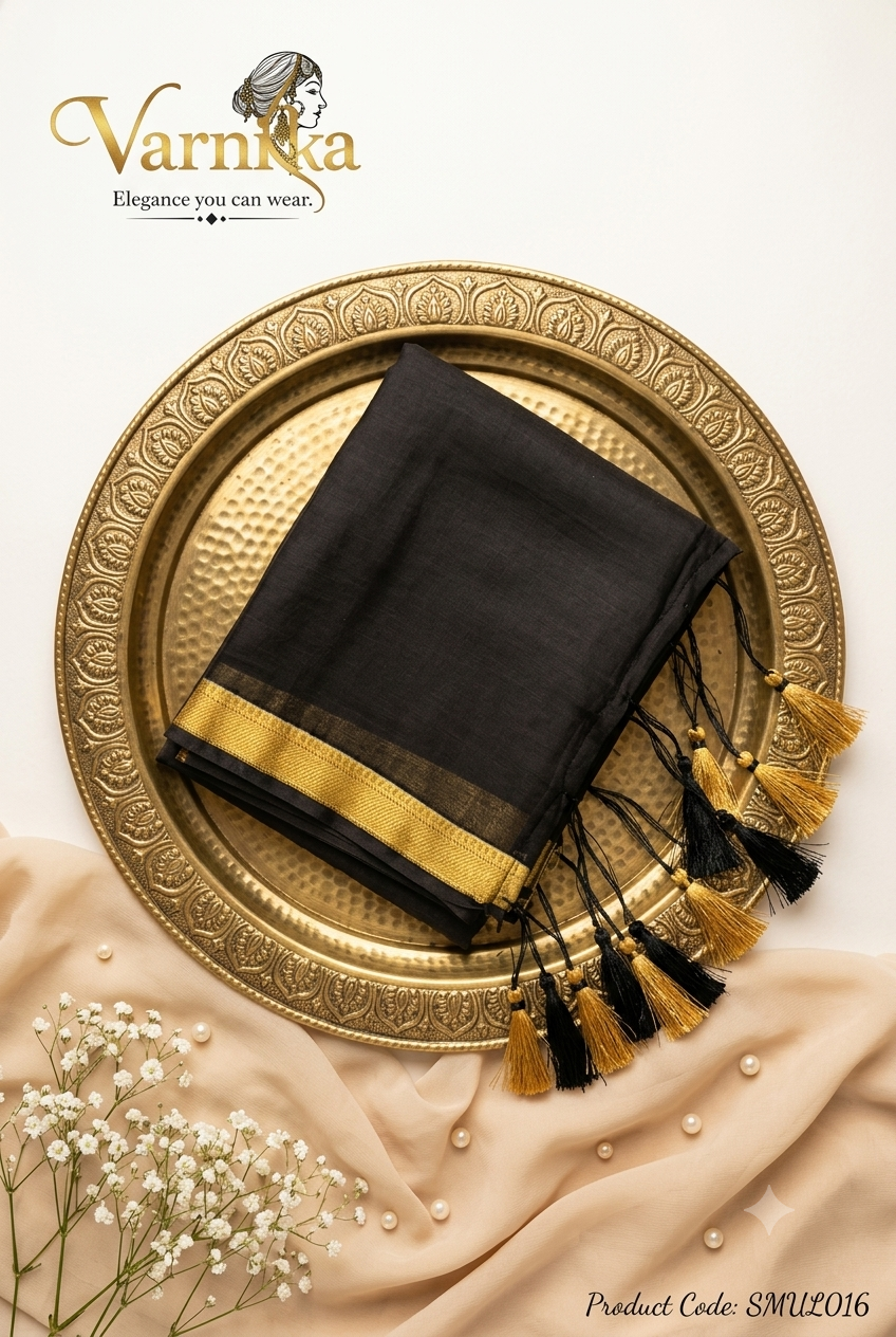 SMUL016 - Charcoal Black Mul Cotton Saree with Zari Border & Floral Blouse