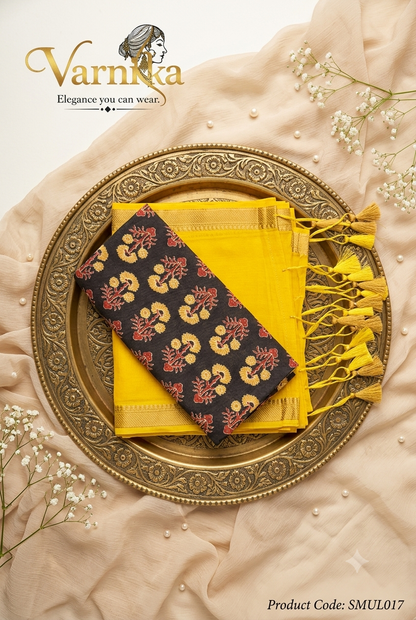 SMUL017 - Sunshine Yellow Mul Cotton Saree with Contrast Printed Blouse Piece