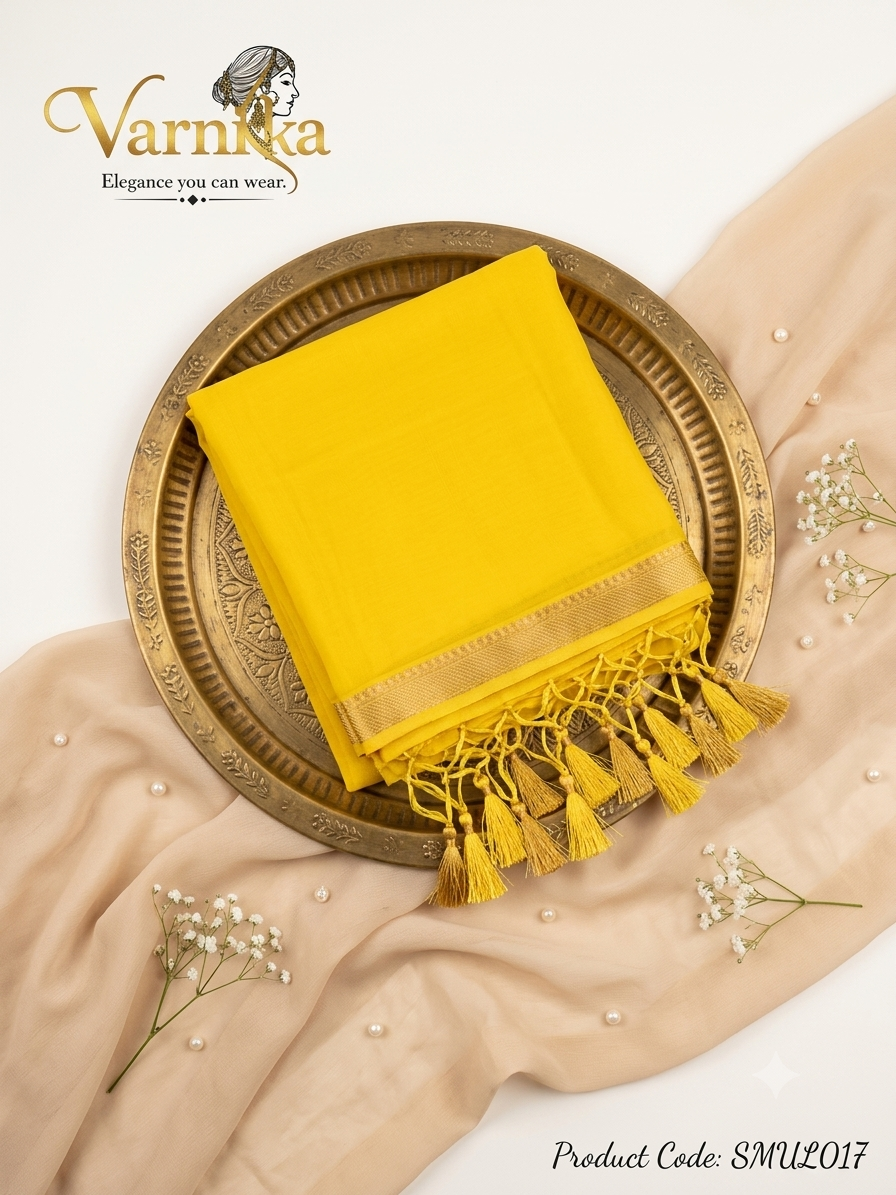 SMUL017 - Sunshine Yellow Mul Cotton Saree with Contrast Printed Blouse Piece