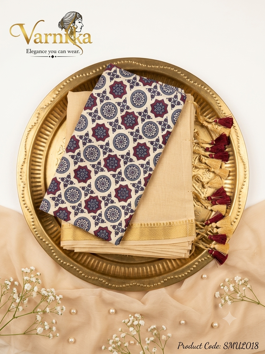 SMUL018 - Champa Gold Mul Cotton Saree with Maroon Tassels & Printed Blouse
