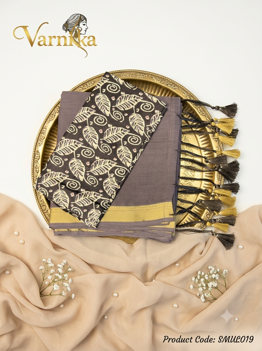 SMUL019 - Dusty Taupe Mul Cotton Saree with Printed Blouse Piece