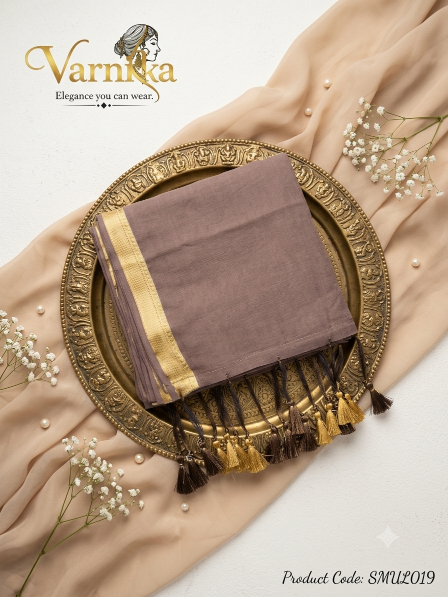 SMUL019 - Dusty Taupe Mul Cotton Saree with Printed Blouse Piece