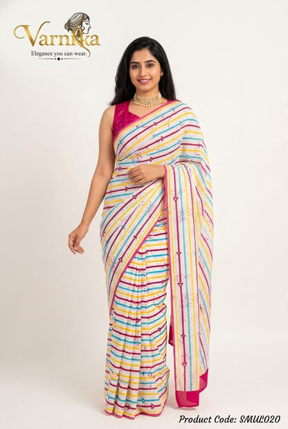 SMUL020 - Multicolour Striped Batik Mulmul Saree