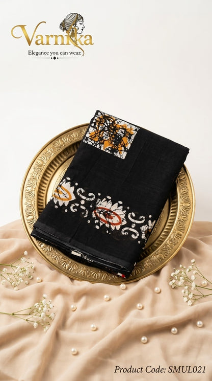 SMUL021 - Midnight Noir Batik Print Mulmul Cotton Saree
