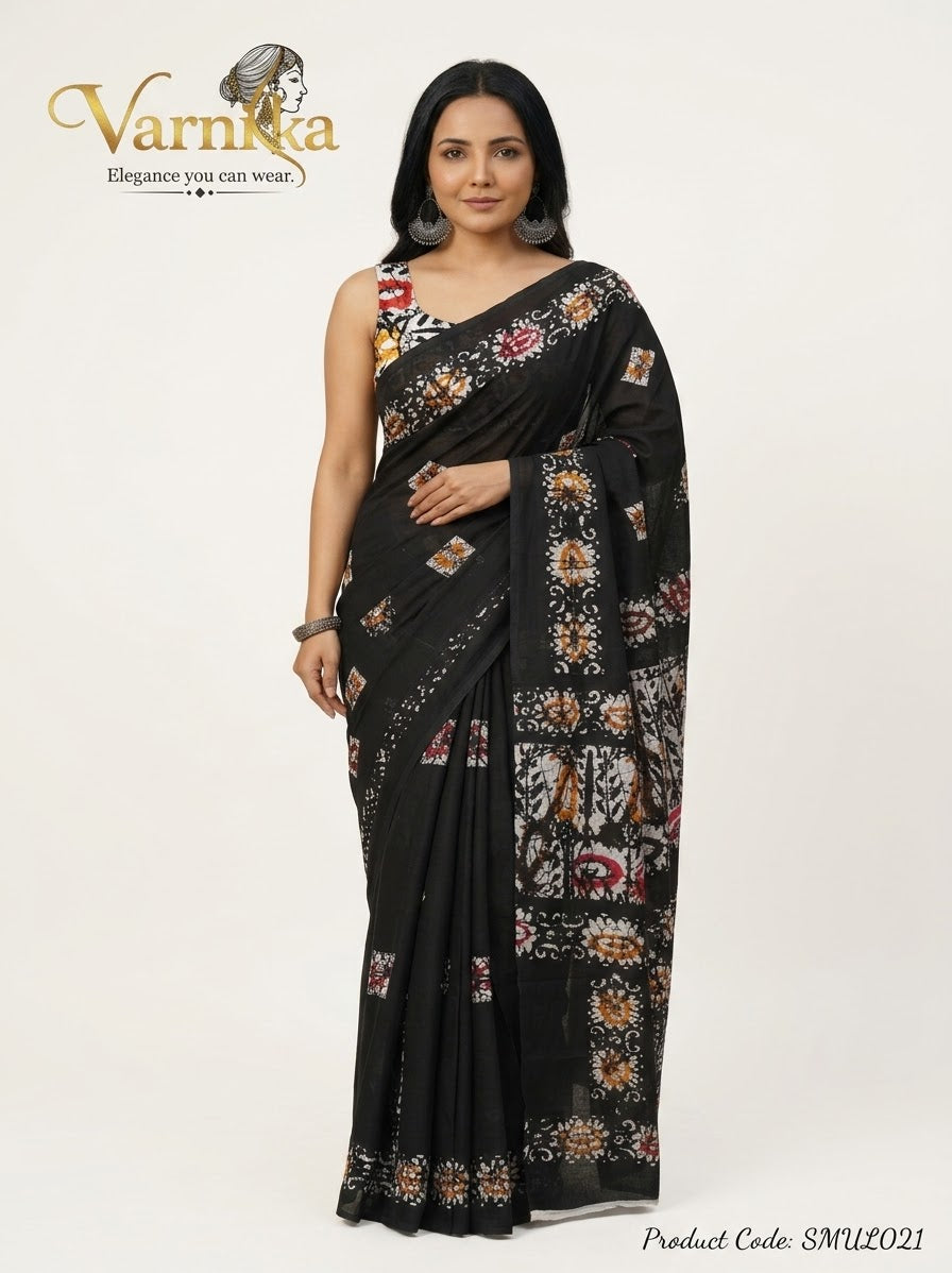 SMUL021 - Midnight Noir Batik Print Mulmul Cotton Saree
