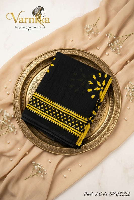 SMUL022 - Noir & Marigold Batik Mulmul Cotton Saree