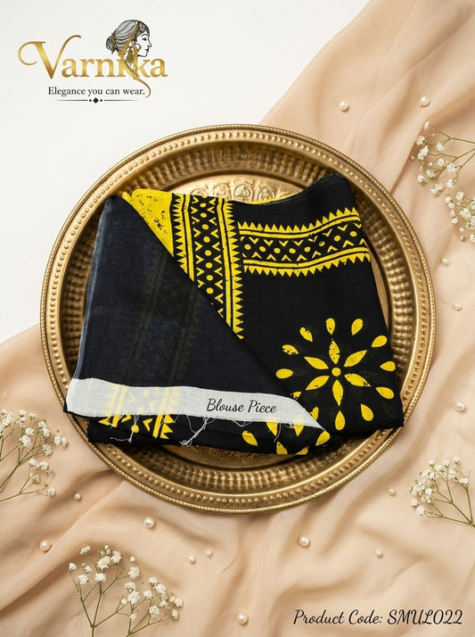 SMUL022 - Noir & Marigold Batik Mulmul Cotton Saree