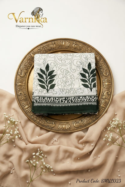 SMUL023 - Kalam Leaf Motif Pure Mulmul Cotton Saree