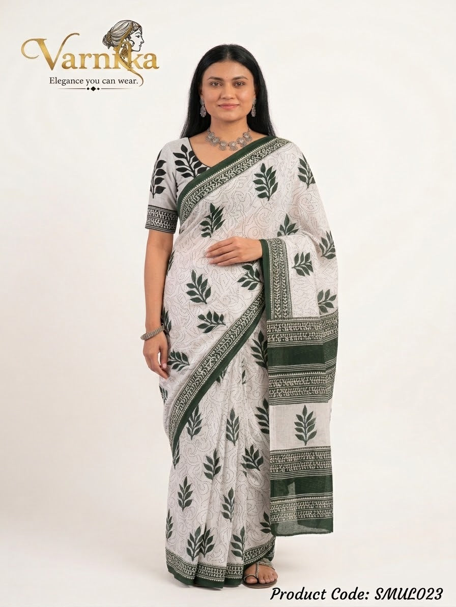 SMUL023 - Kalam Leaf Motif Pure Mulmul Cotton Saree