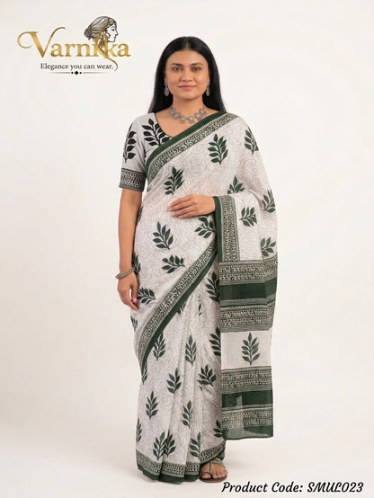 SMUL023 - Kalam Leaf Motif Pure Mulmul Cotton Saree