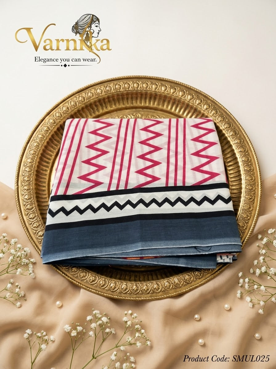 SMUL025 - Geometric Chevron Hand-Printed Mulmul Cotton Saree