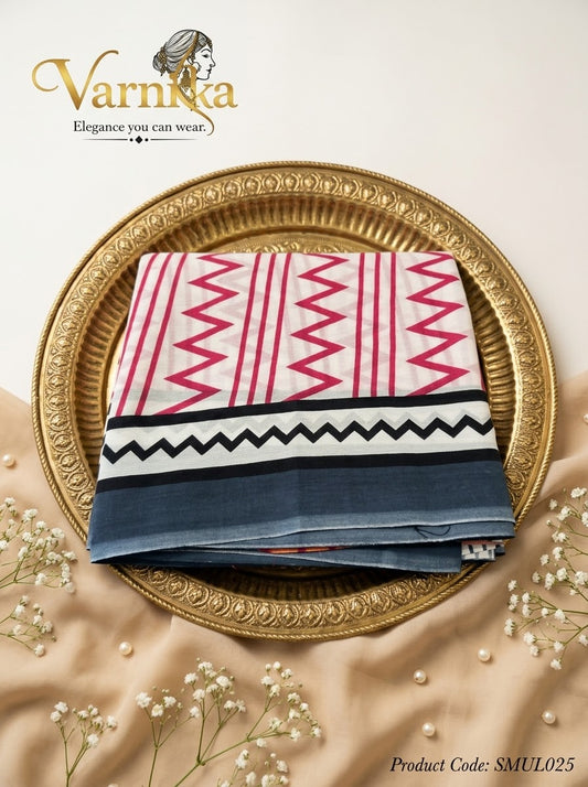 SMUL025 - Geometric Chevron Hand-Printed Mulmul Cotton Saree