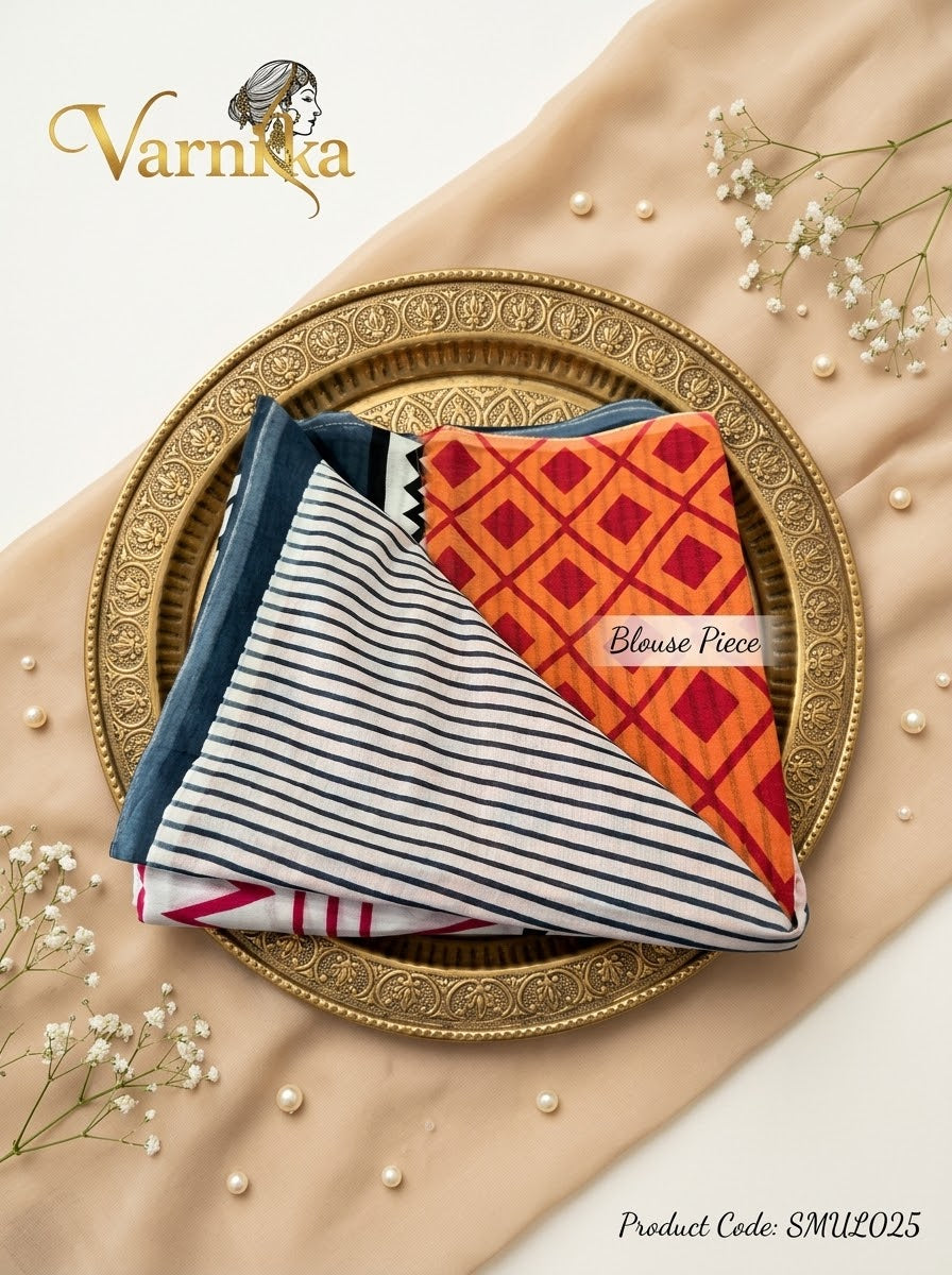 SMUL025 - Geometric Chevron Hand-Printed Mulmul Cotton Saree