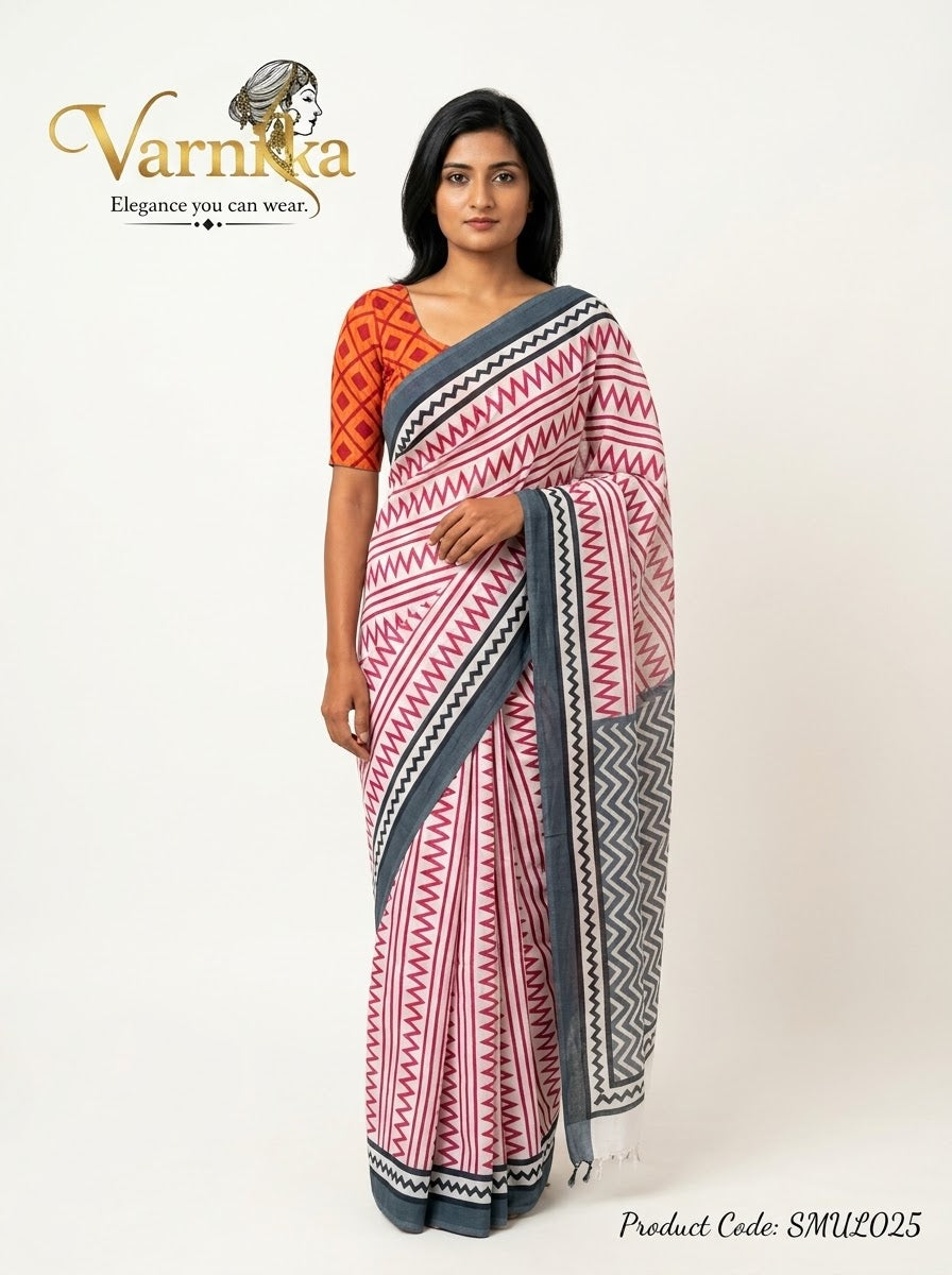 SMUL025 - Geometric Chevron Hand-Printed Mulmul Cotton Saree