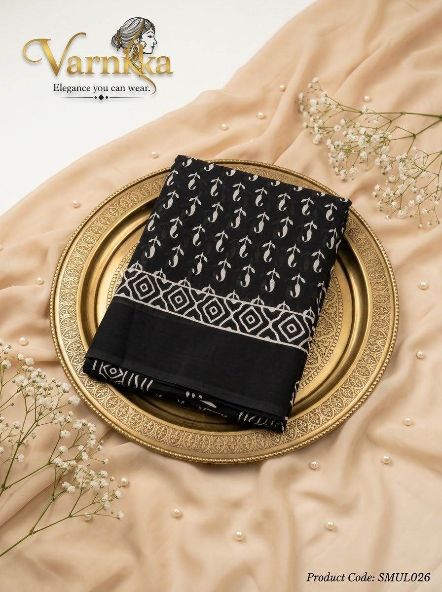 SMUL026 - Tara Block Printed Mulmul Cotton Saree in Classic Black & White