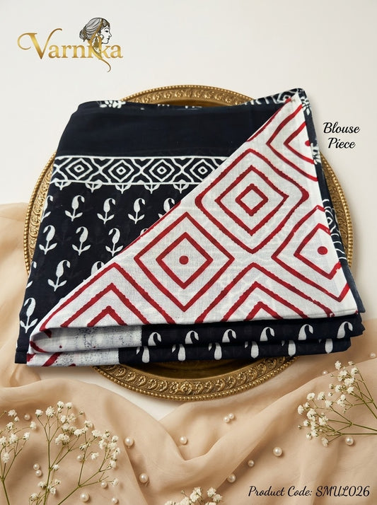SMUL026 - Tara Block Printed Mulmul Cotton Saree in Classic Black & White
