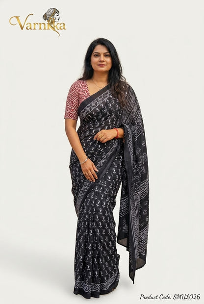 SMUL026 - Tara Block Printed Mulmul Cotton Saree in Classic Black & White