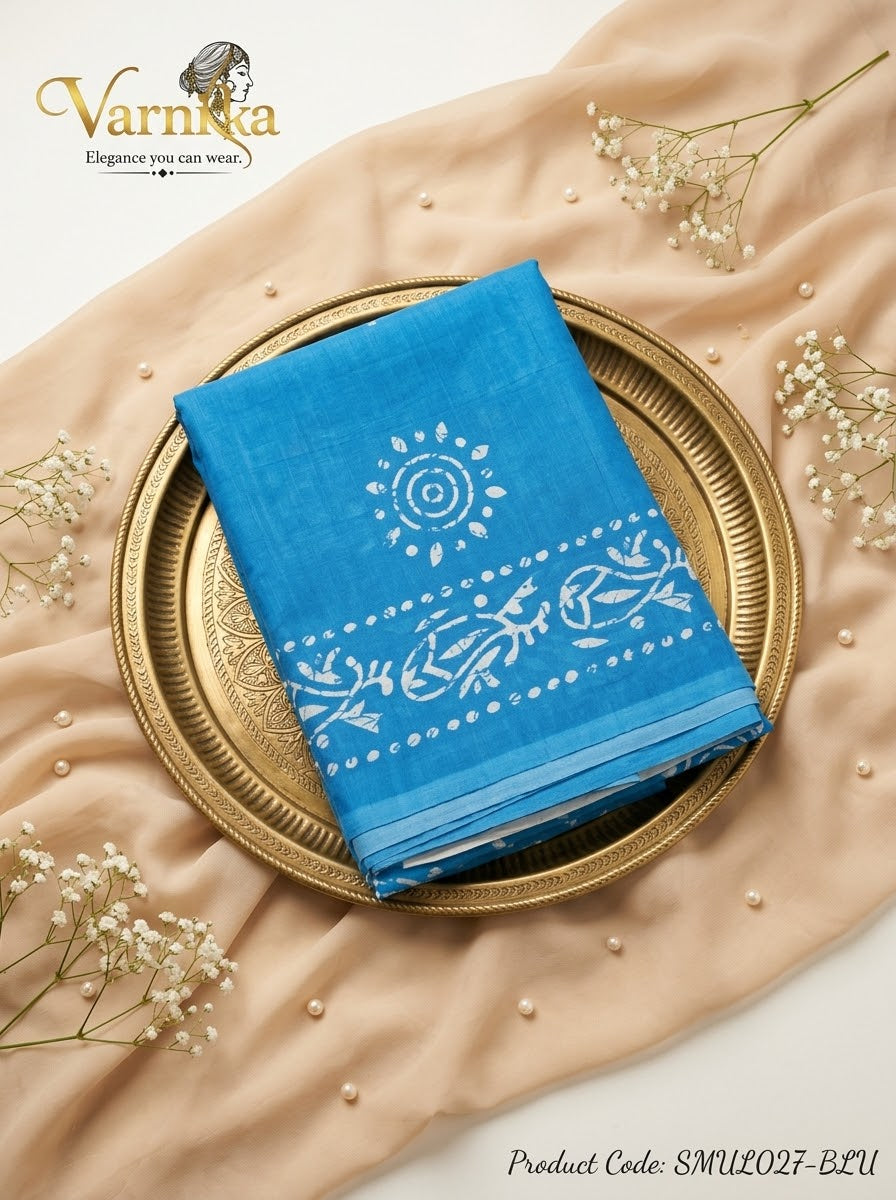 SMUL027 - Batik Print Mulmul Cotton Saree with Contrast Blouse Piece
