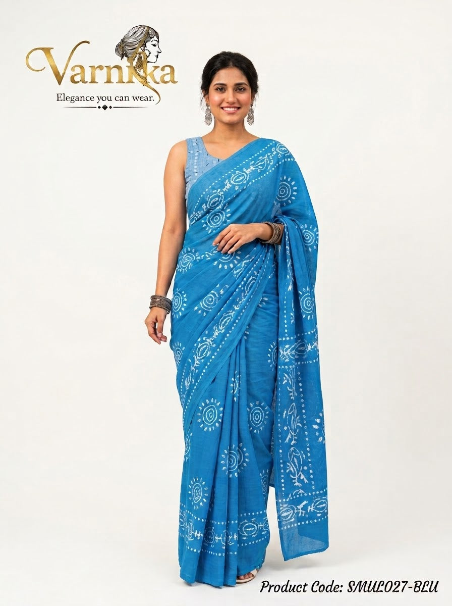 SMUL027 - Batik Print Mulmul Cotton Saree with Contrast Blouse Piece