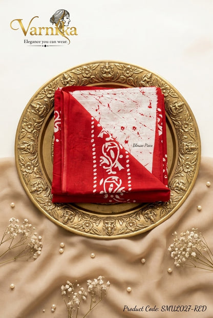 SMUL027 - Batik Print Mulmul Cotton Saree with Contrast Blouse Piece