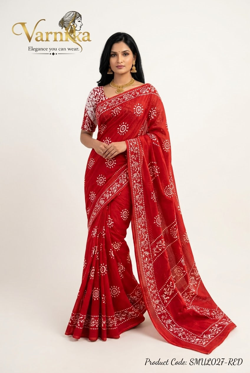 SMUL027 - Batik Print Mulmul Cotton Saree with Contrast Blouse Piece