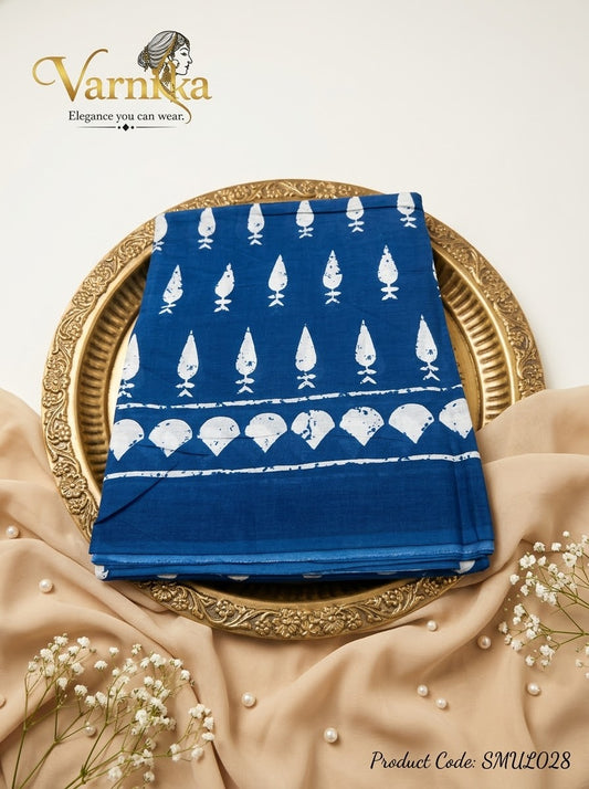 SMUL028 - Indigo Bloom Hand Block Printed Mulmul Cotton Saree