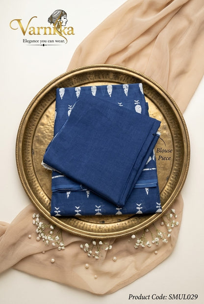 SMUL028 - Indigo Bloom Hand Block Printed Mulmul Cotton Saree