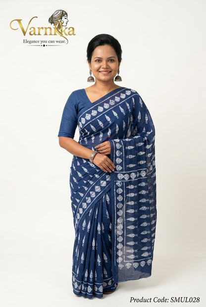SMUL028 - Indigo Bloom Hand Block Printed Mulmul Cotton Saree