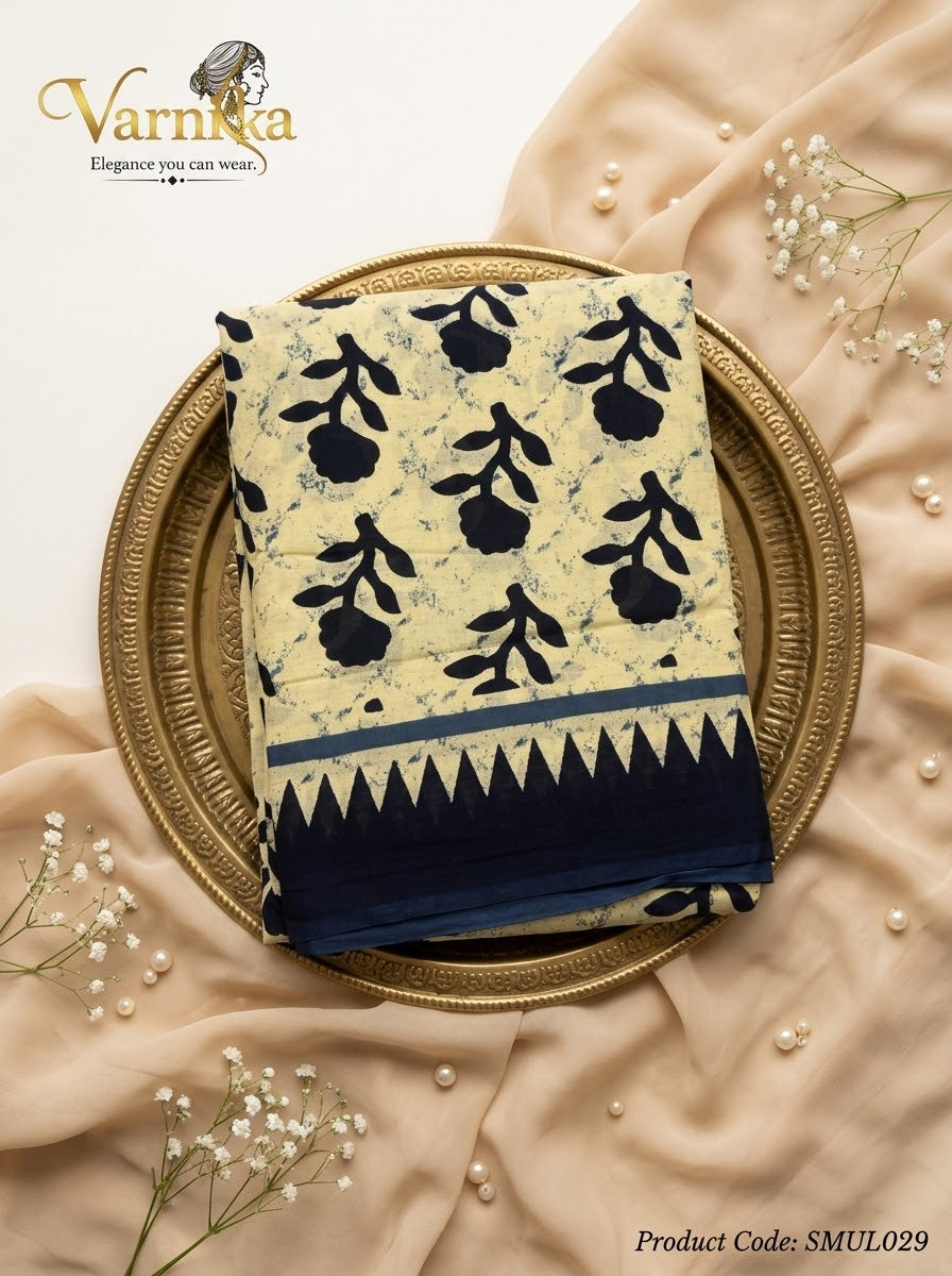 SMUL029 - Indigo Bloom Butter-Soft Mulmul Cotton Saree