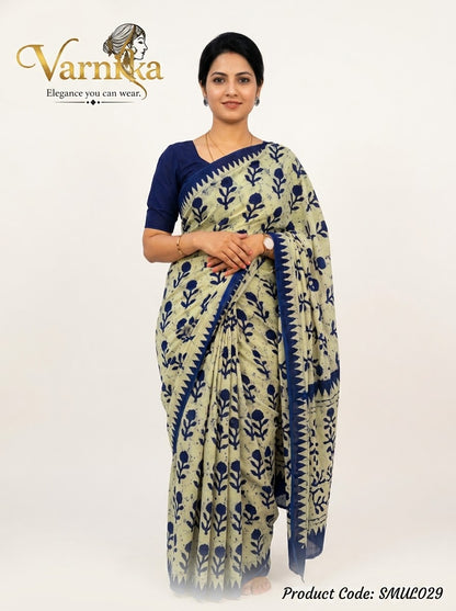 SMUL029 - Indigo Bloom Butter-Soft Mulmul Cotton Saree