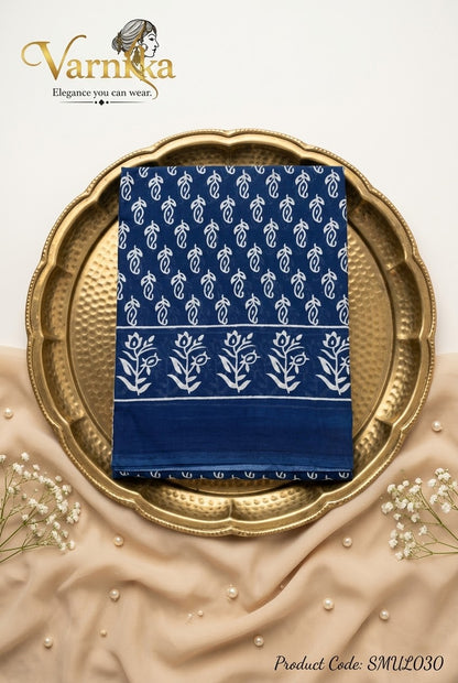 SMUL030 - Midnight Blue Floral Buti Mulmul Saree