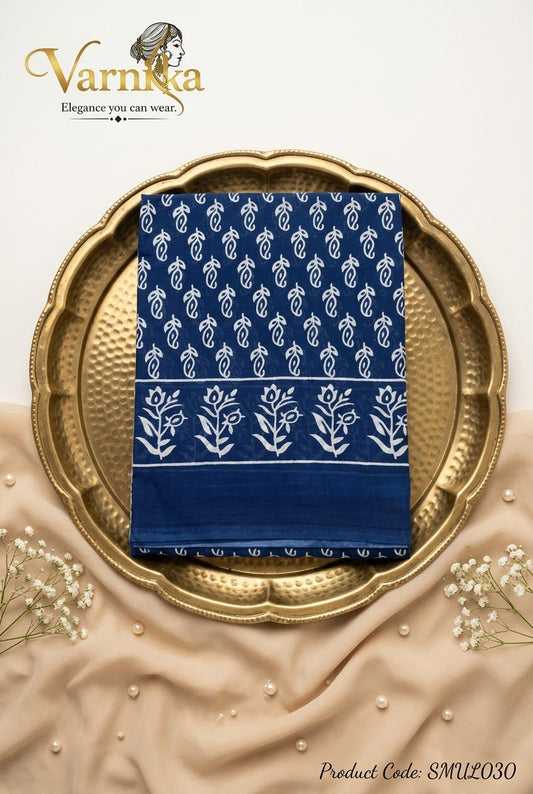 SMUL030 - Midnight Blue Floral Buti Mulmul Saree