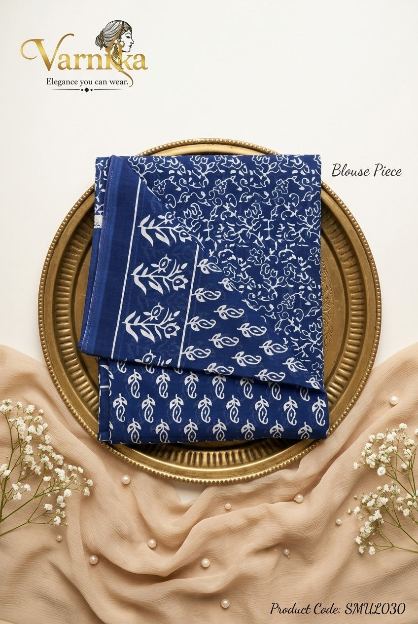 SMUL030 - Midnight Blue Floral Buti Mulmul Saree