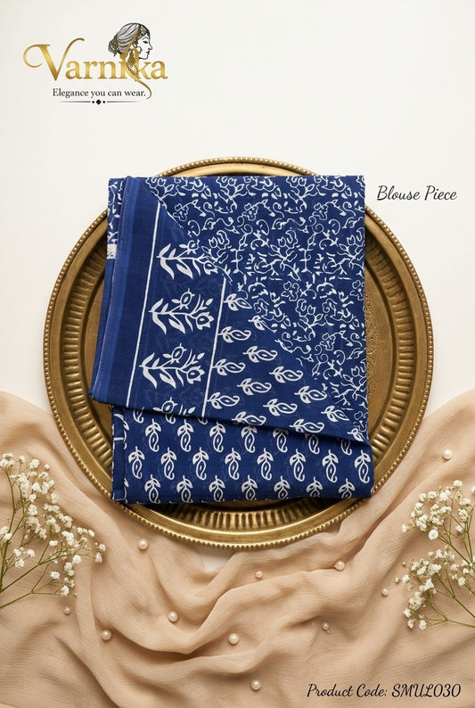 SMUL030 - Midnight Blue Floral Buti Mulmul Saree
