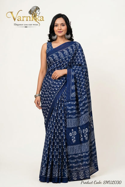 SMUL030 - Midnight Blue Floral Buti Mulmul Saree