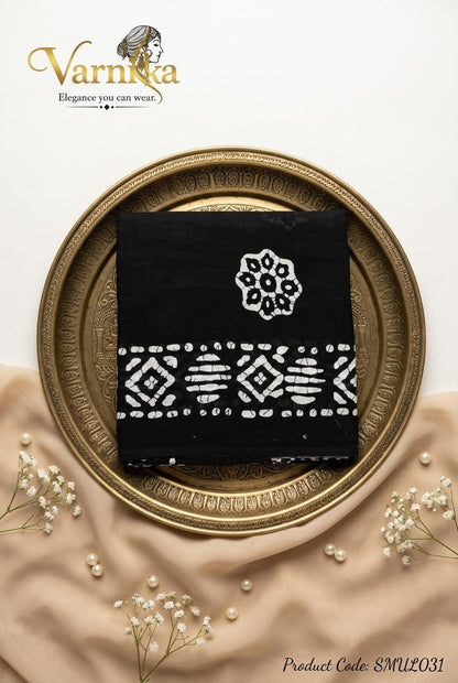 SMUL031 -  Midnight Monochrome Batik Mulmul Cotton Saree