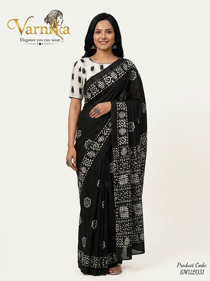 SMUL031 -  Midnight Monochrome Batik Mulmul Cotton Saree