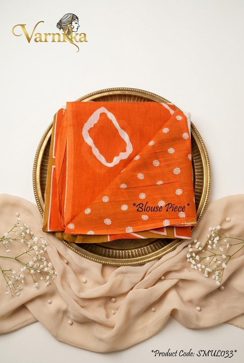 SMUL033 - Tangerine Dream Mulmul Cotton Saree with Tie-Dye Motifs