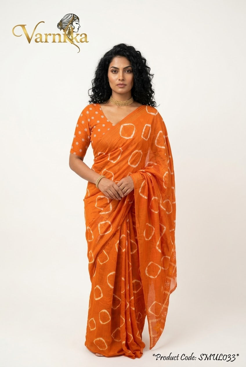 SMUL033 - Tangerine Dream Mulmul Cotton Saree with Tie-Dye Motifs