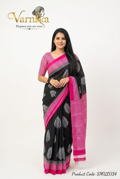 SMUL034 - Ebony & Magenta Leaf Print Soft Mulmul Cotton Saree