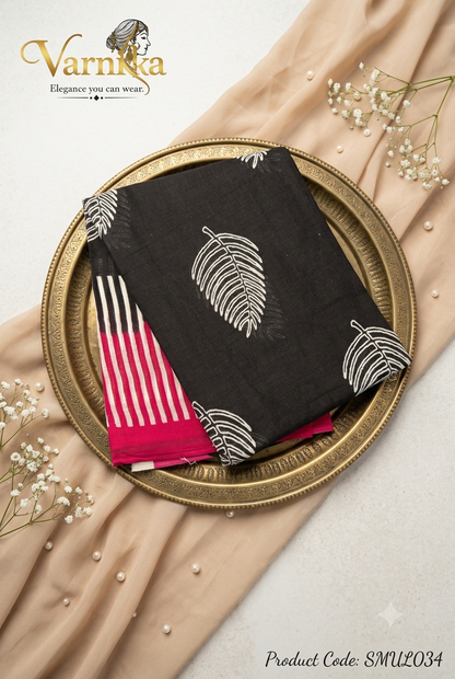 SMUL034 - Ebony & Magenta Leaf Print Soft Mulmul Cotton Saree